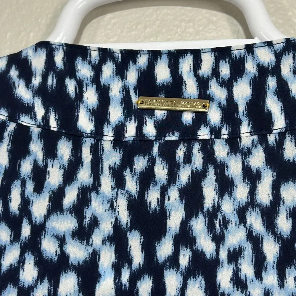 Michael Kors Top Womens S Lace Up Grommet V Neck Sleeveless Blue Abstract Print